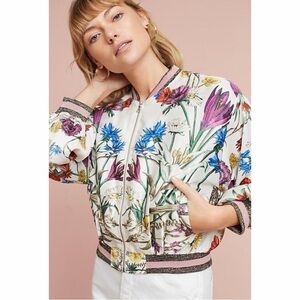Anthropologie White Floral Bomber Jacket